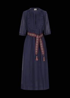 Damen Luis Trenker Langes Baumwollkleid Mit Plastron Luceleste